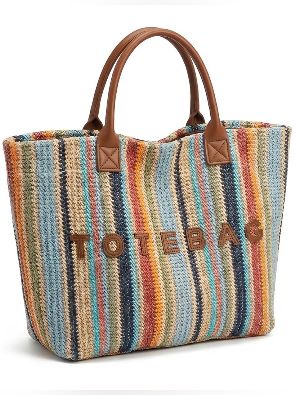 Multicolor Woven Straw Tote with Brown Handles